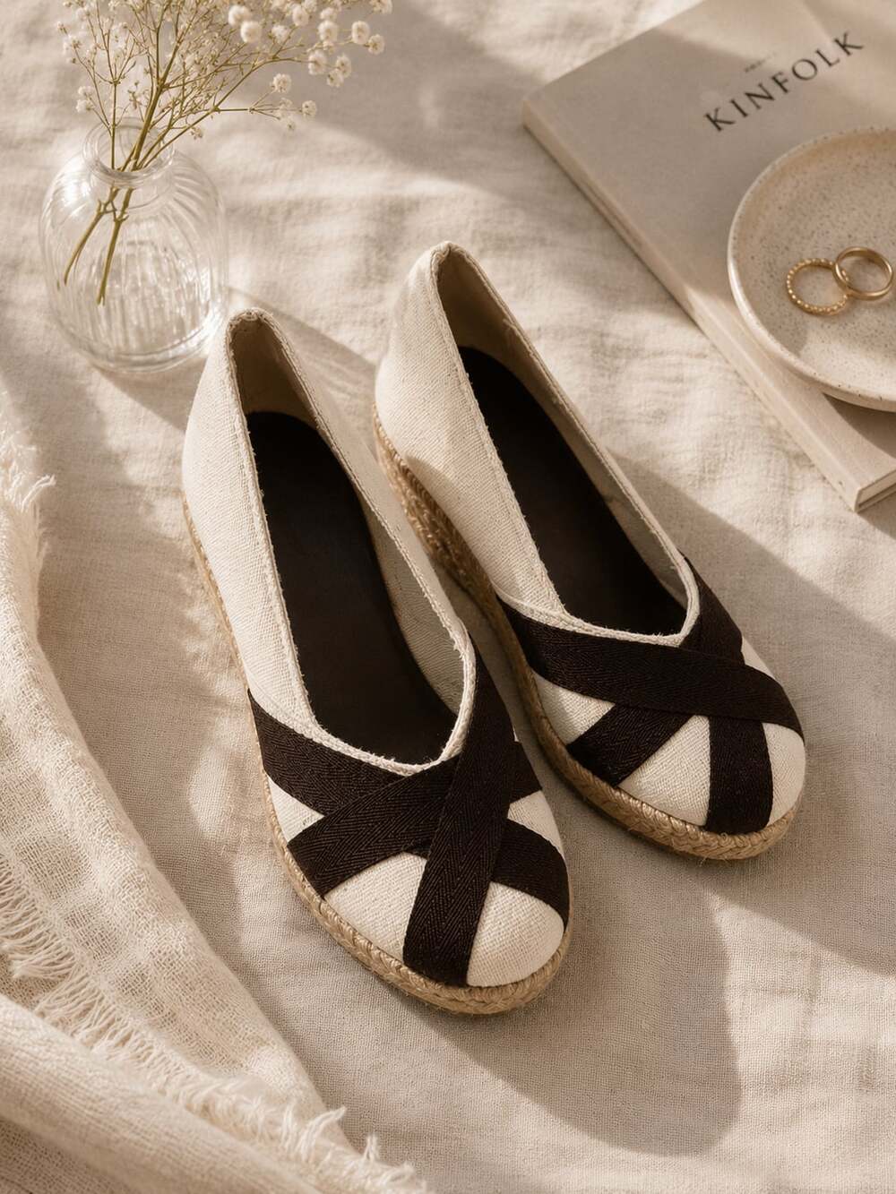 Charles Albert Cream and Brown Canvas Criss-Cross Wedge Espadrilles